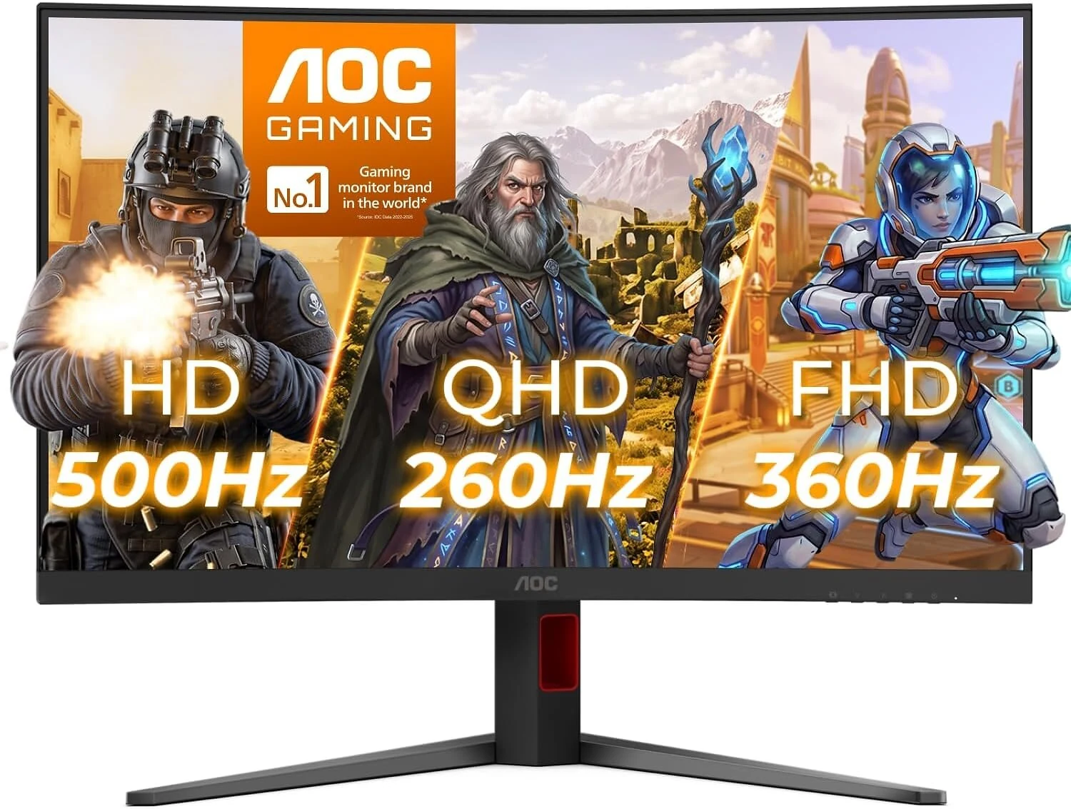 Front view of the curved AOC CQ32G4Z on a black V-shaped stand with red trim, displaying promotional artwork and three refresh-mode labels