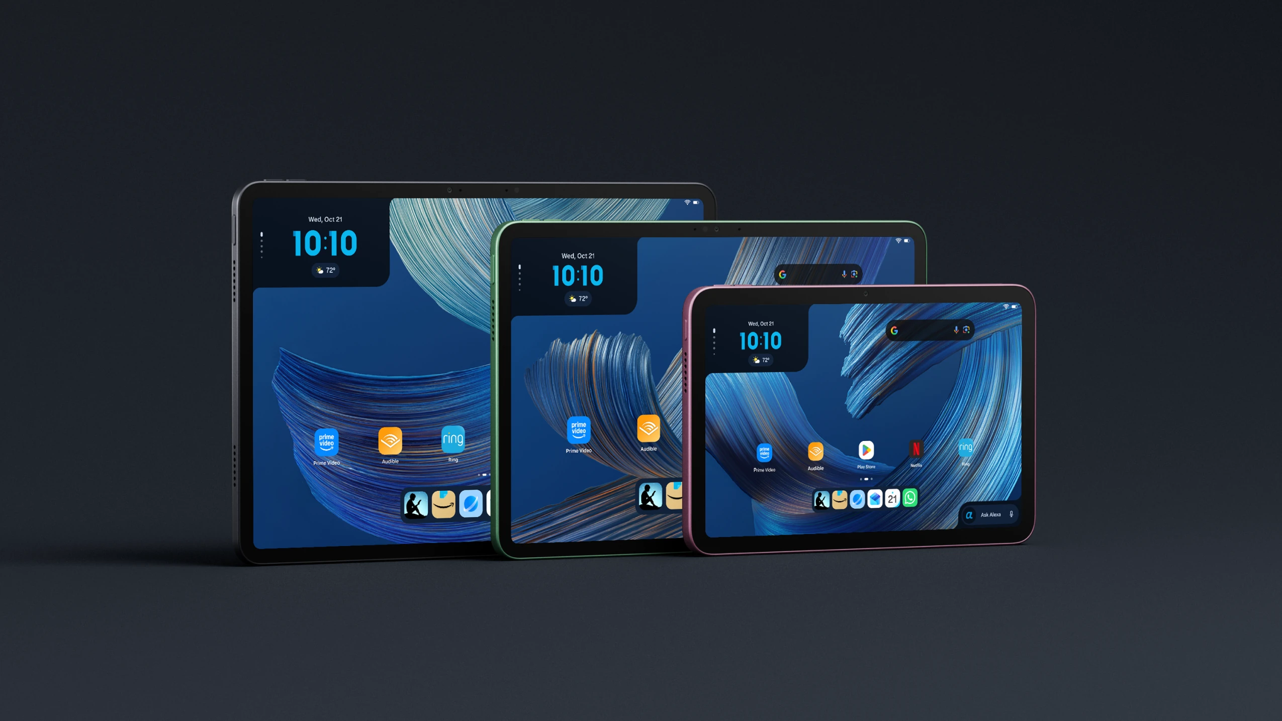 Amazon Alexa Tablet 12 Pro, 11 and 8 shown together in the official lineup image on a dark background