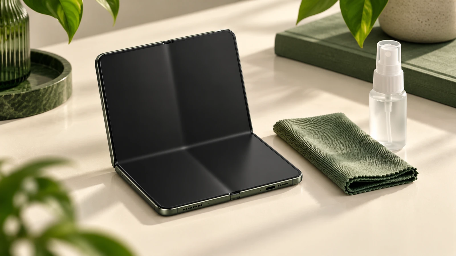 AI illustration of an unbranded folding phone beside a microfiber cloth and an upright cleaner bottle