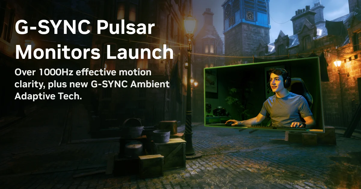 Official NVIDIA G-SYNC Pulsar launch artwork with white launch text and a gamer framed inside a monitor against a game scene