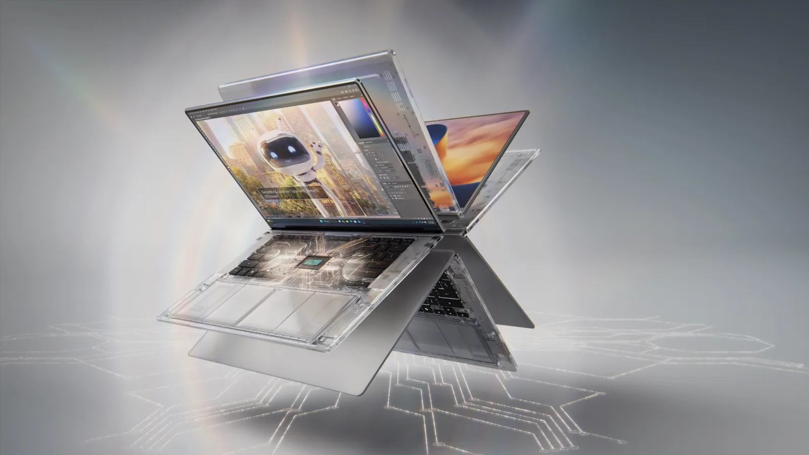 Official NVIDIA render of RTX Spark laptops, including an open laptop with its chip exposed and a device in tent mode, over gray circuit patterns