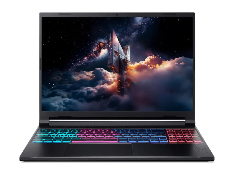 Acer Nitro V 16S AI gaming laptop, front view with backlit keyboard