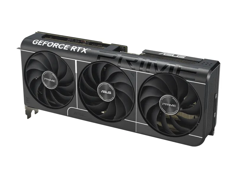 ASUS Prime GeForce RTX 5070 OC Edition graphics card, angled view of the triple-fan cooler