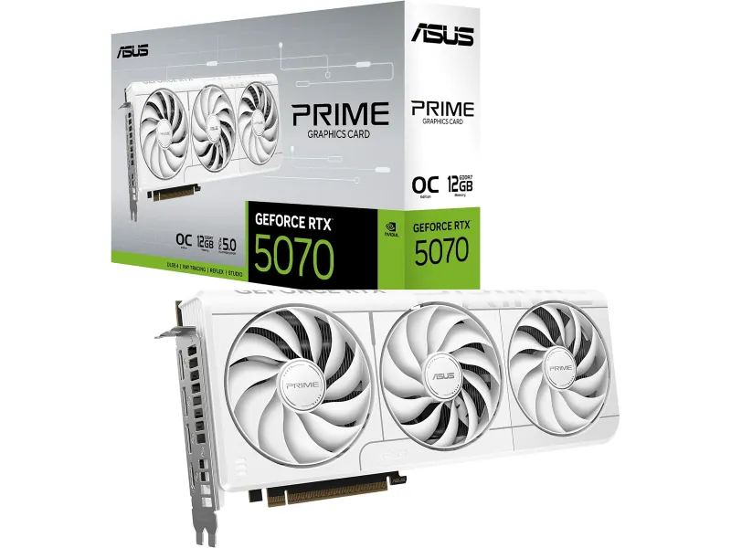 ASUS Prime GeForce RTX 5070 OC Edition White graphics card with its retail box, triple-fan white cooler