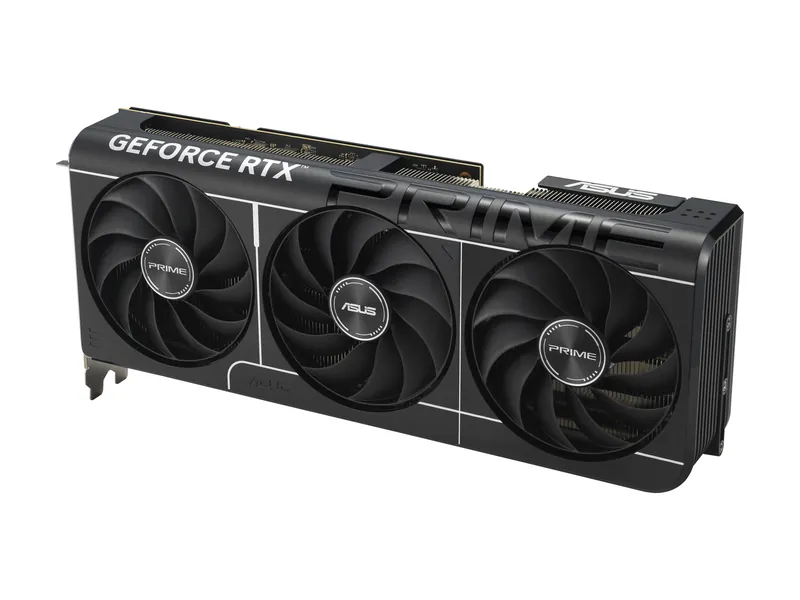 ASUS Prime GeForce RTX 5070 Ti OC Edition graphics card, angled view of the triple-fan cooler
