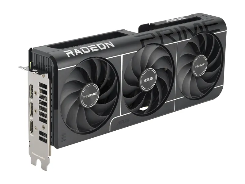 ASUS Prime Radeon RX 9060 XT OC Edition 16GB graphics card, angled view of the triple-fan cooler