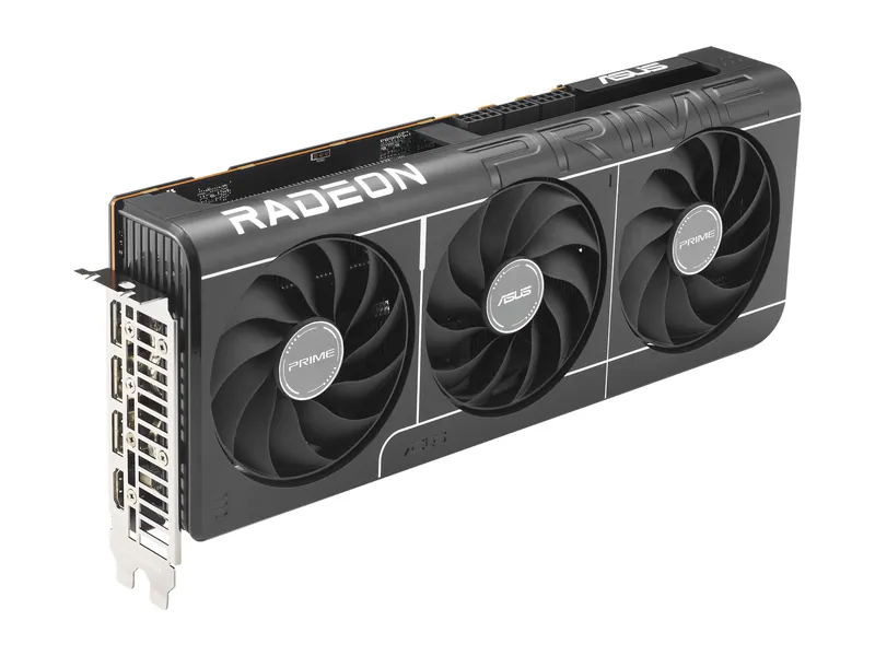 ASUS Prime Radeon RX 9070 XT OC Edition graphics card, angled view of the triple-fan cooler