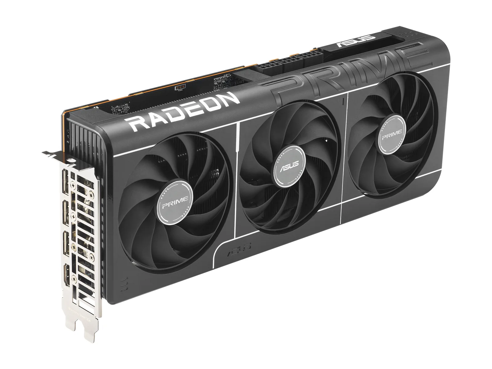 ASUS Prime Radeon RX 9070 XT OC Edition graphics card, angled view of the triple-fan cooler