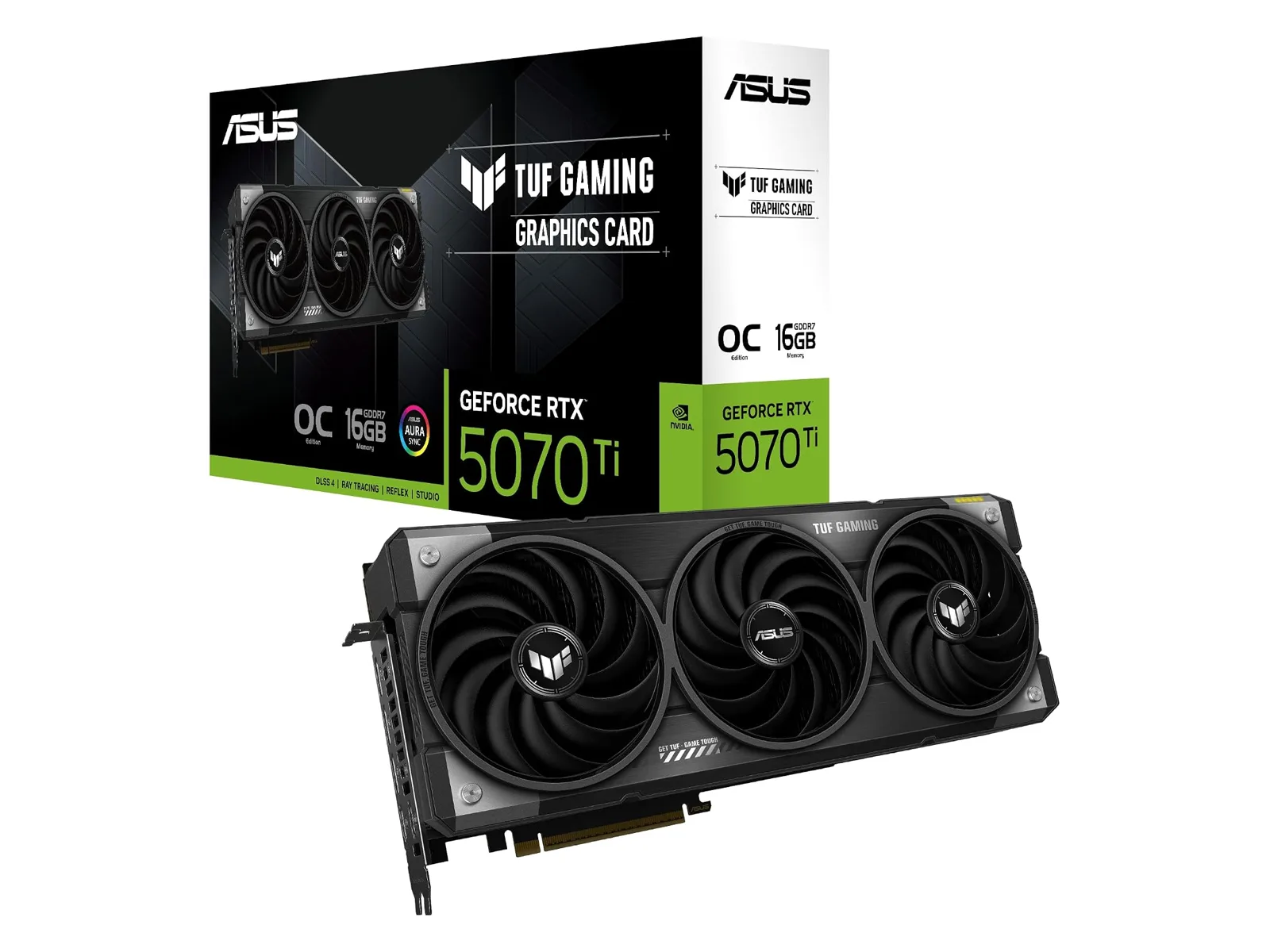 ASUS TUF Gaming GeForce RTX 5070 Ti OC Edition graphics card with triple-fan cooler