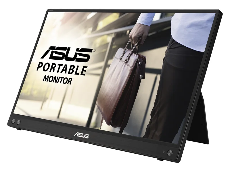 ASUS ZenScreen MB16ACV 15.6-inch portable monitor on its folding stand, front three-quarter view
