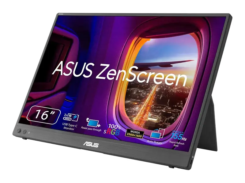 ASUS ZenScreen MB16NCG portable monitor on its kickstand, front three-quarter view