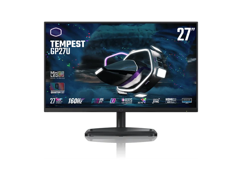 Cooler Master Tempest GP27U monitor with product feature graphic on screen
