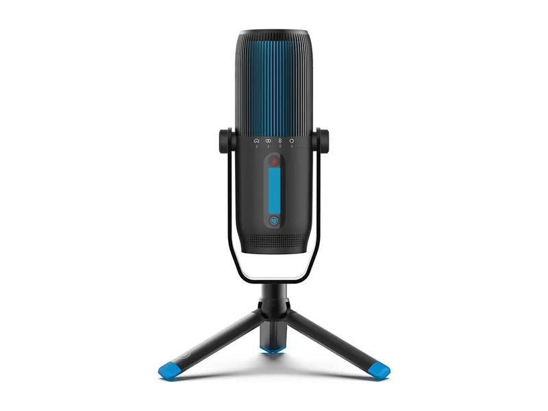 JLab Talk Pro USB microphone in black on its tripod stand