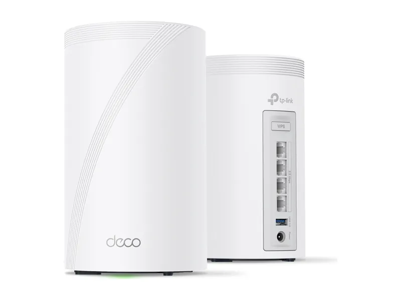Two TP-Link Deco BE63 mesh Wi-Fi 7 units, front view